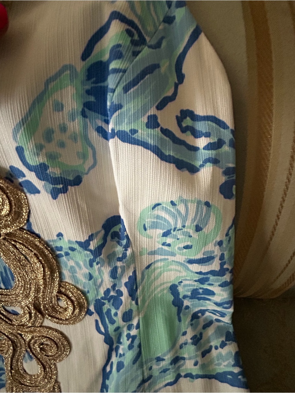 Lilly Pulitzer Blue, Aqua & White Shell-Print Mini Dress with Gold Trim - Picture 6 of 6